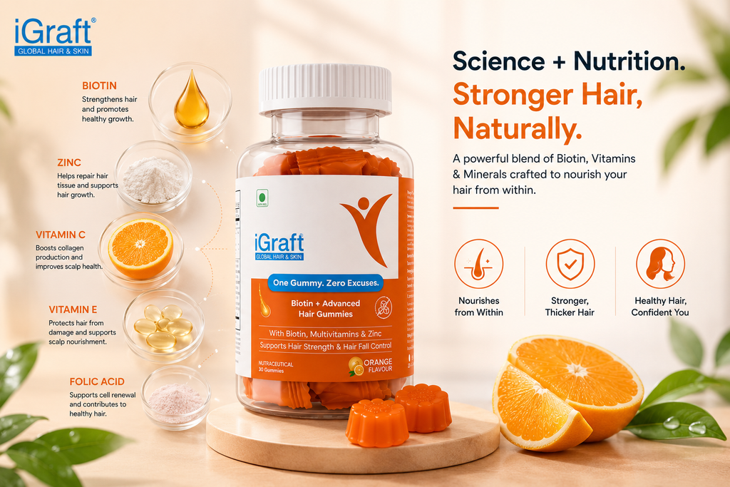 iGraft Biotin + Advanced Hair Gummies | Hair Strength, Hair Growth & Hair Fall Support | Orange Flavour | 30 Gummies